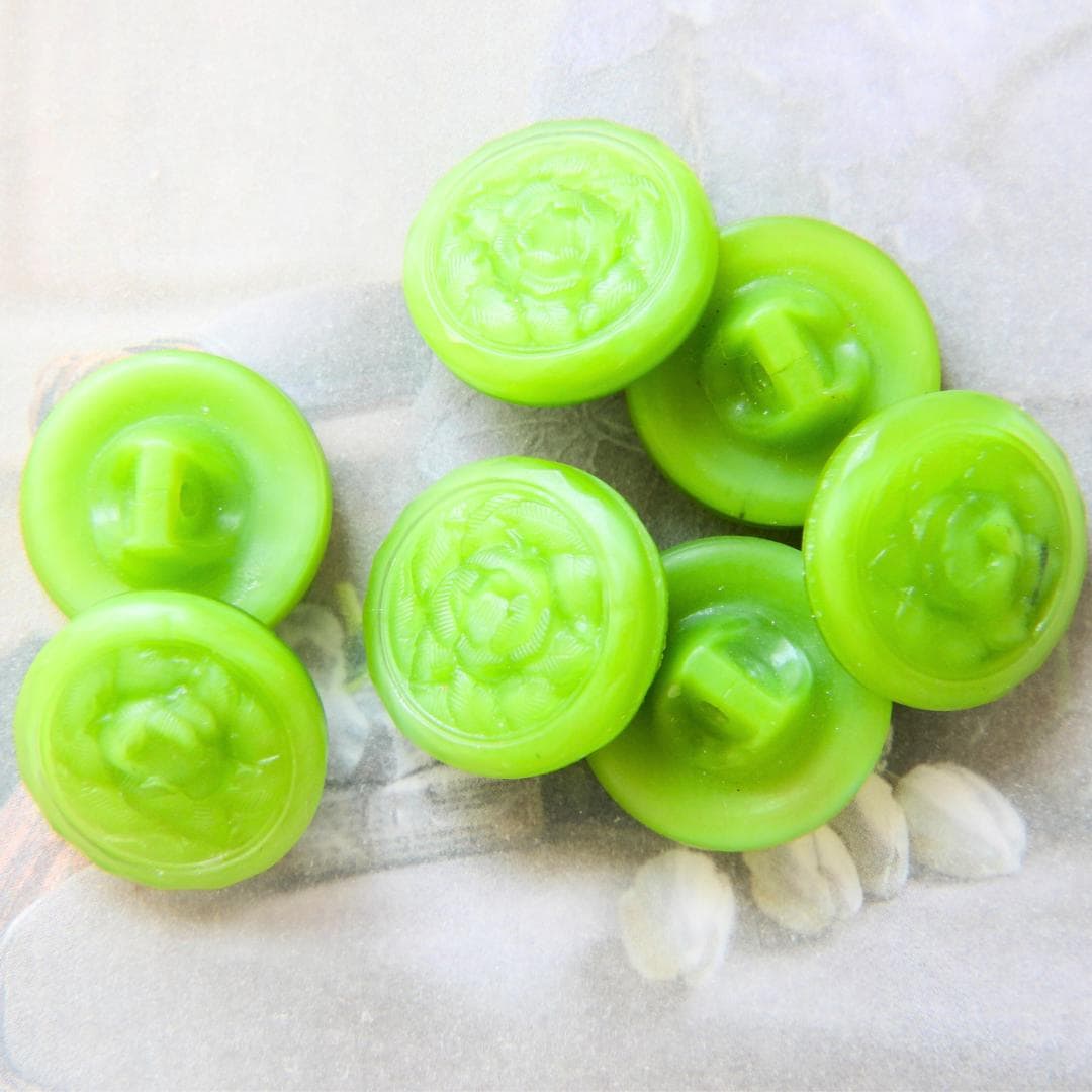 Vintage green glass buttons for sewing and crafting. Set of 5