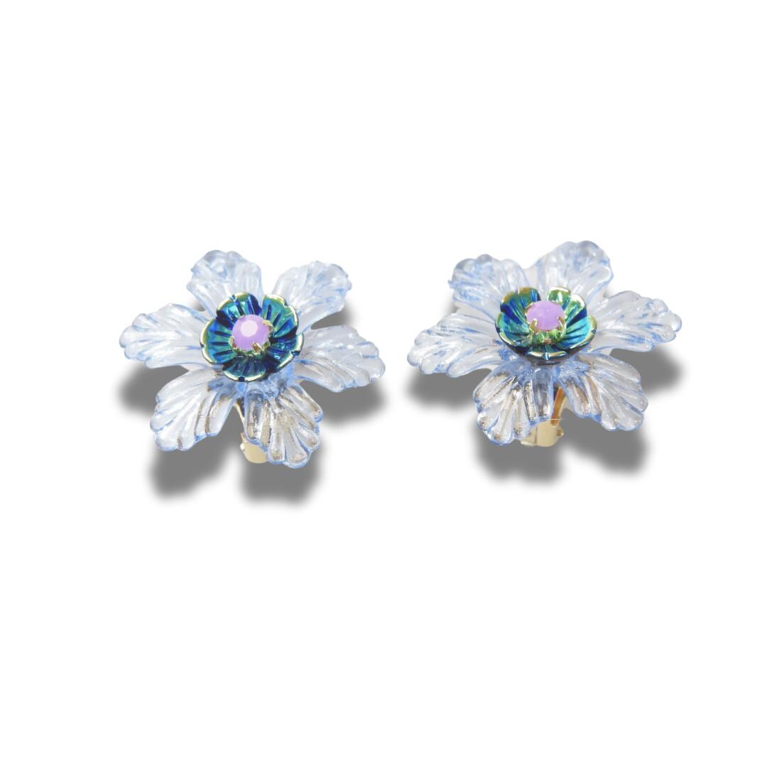 Light Blue Flower Clip on earrings for women - Colorful floral Earrings - Jewelry gift for mom, sister, girlfriend