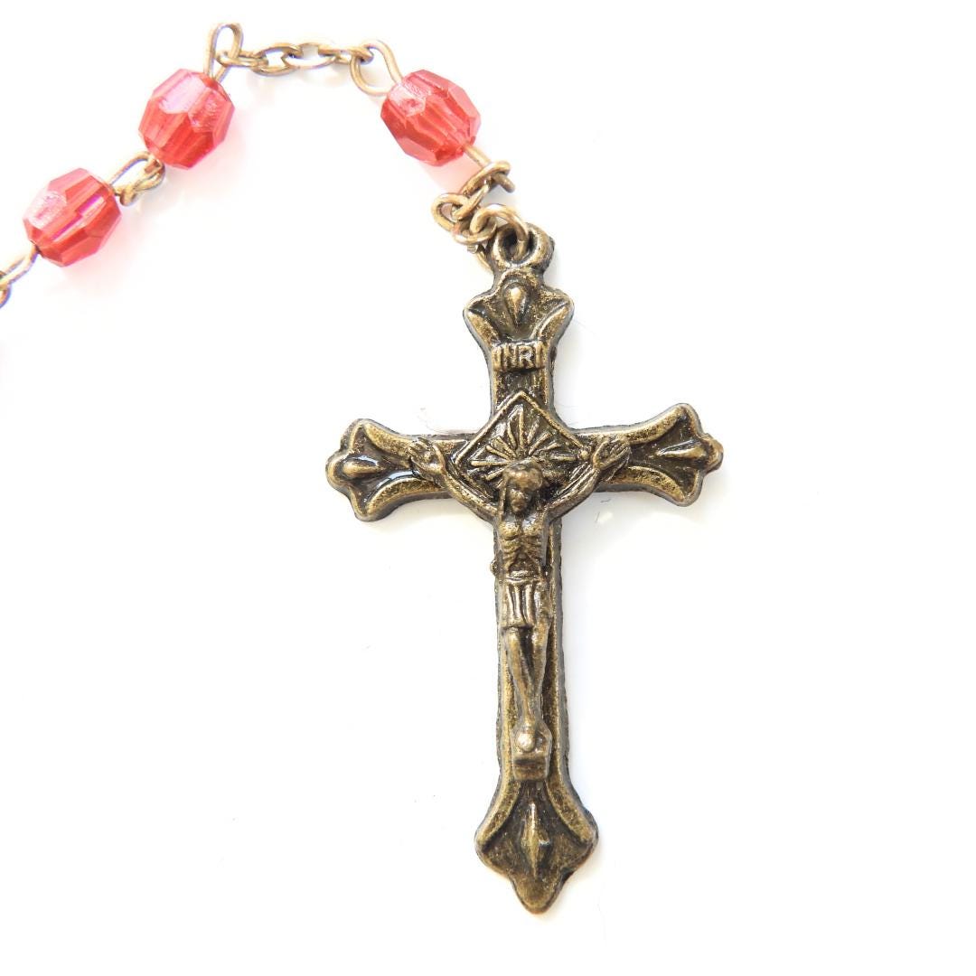 Beaded Rosary Chain Necklace - Ruby Red beaded Lariat - Vintage Gothic beads jewelry - Religious Cristian gift for mom