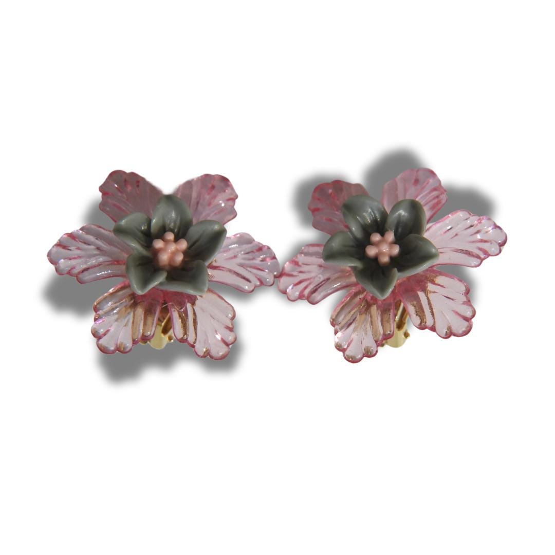 Pink Clip on Earrings for Women, flower-shaped - Floral jewelry for non-pierced ears. Gift for Mother's Day, birthdays, or just because