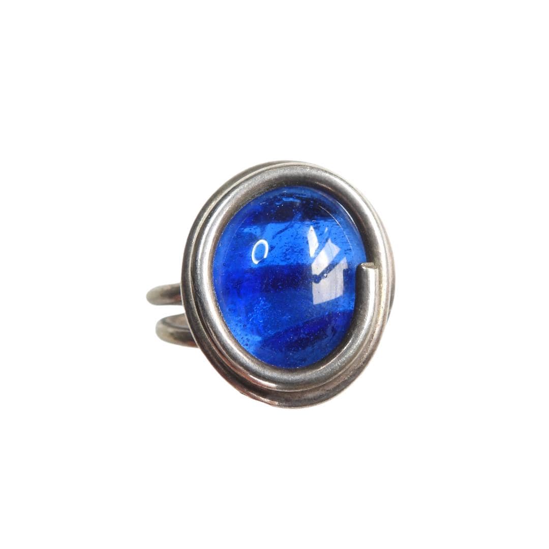 Silver wire wrapped ring with a blue glass oval stone - Size 10 rings for women - Wire wrap jewelry designs - Jewellery gift for her