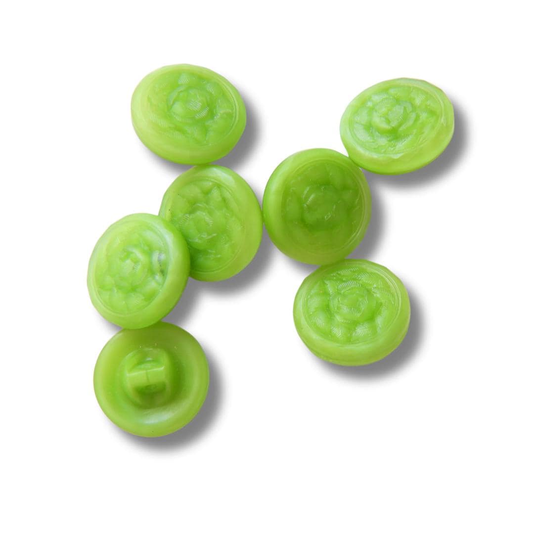 Vintage green glass buttons for sewing and crafting. Set of 5