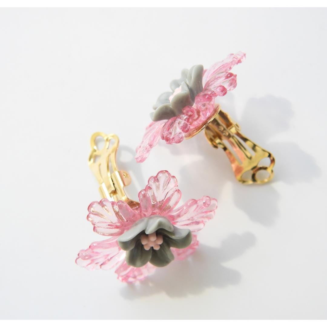 Pink Clip on Earrings for Women, flower-shaped - Floral jewelry for non-pierced ears. Gift for Mother's Day, birthdays, or just because