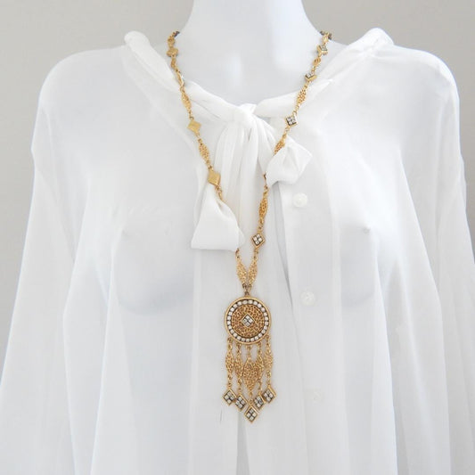 Vintage long gold pendant necklace with glass rhinestone