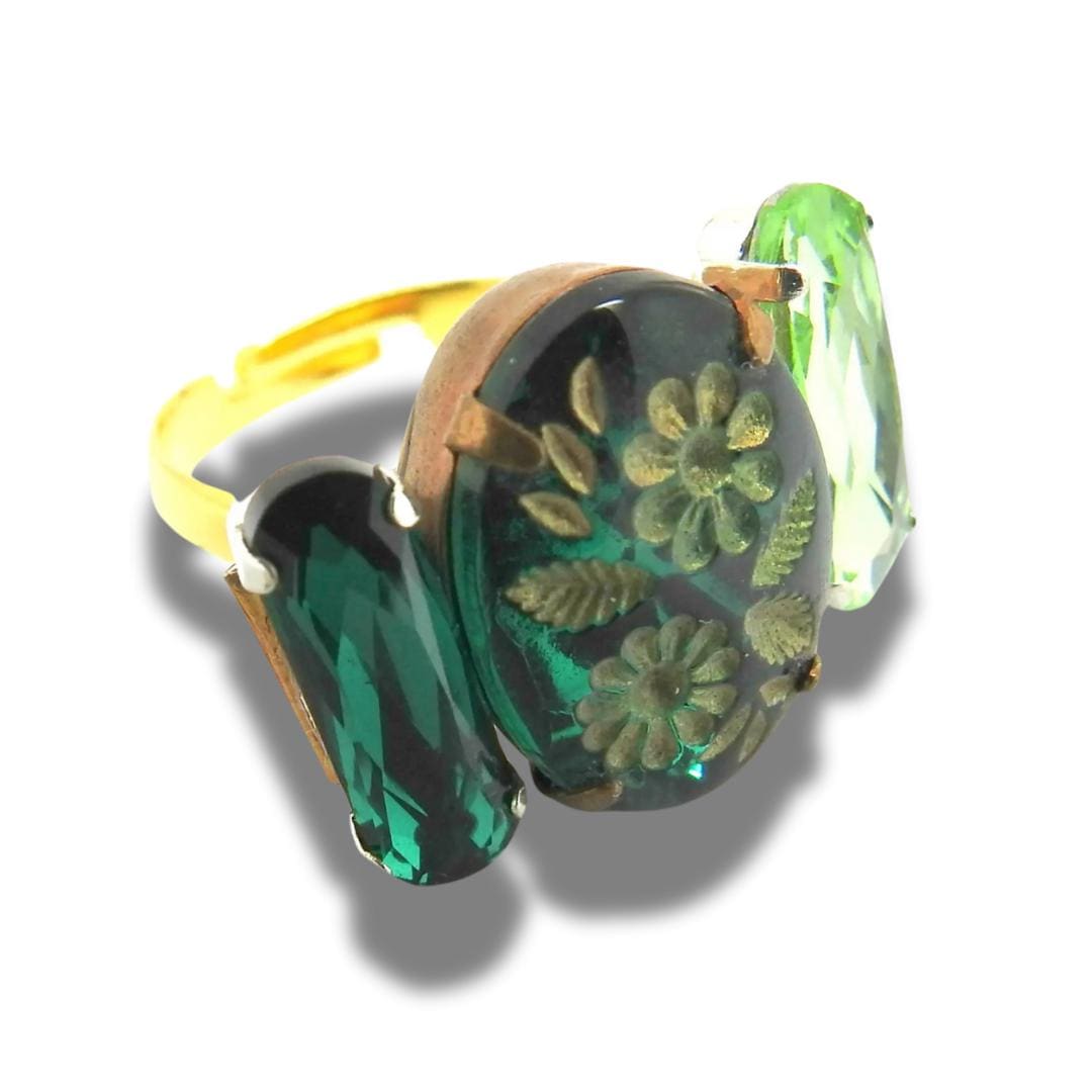 Forest green ring for women, floral style and adjustable - Nice unique heirloom gift for daughter or wife - Cute small jewellery present