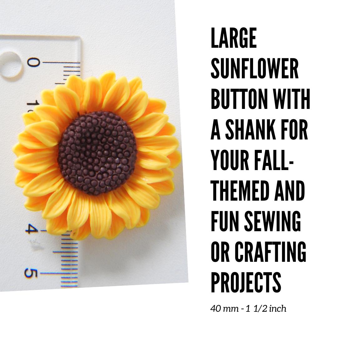 Large sunflower button with a shank for your fall-themed sewing or crafting projects - Yellow embellishment to sew on bags or hats - 40 mm