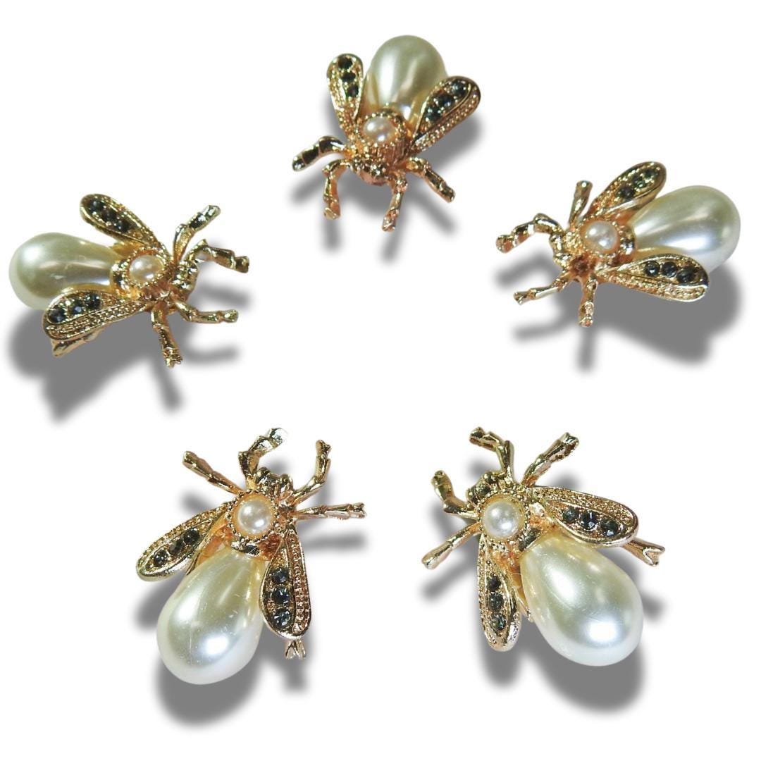 Set of 5 Pearl Bee Buttons – Gold White Insect Buttons with Shank for Sewing, DIY, Jewelry Making, Crafts, Hat Embellishments, Jackets