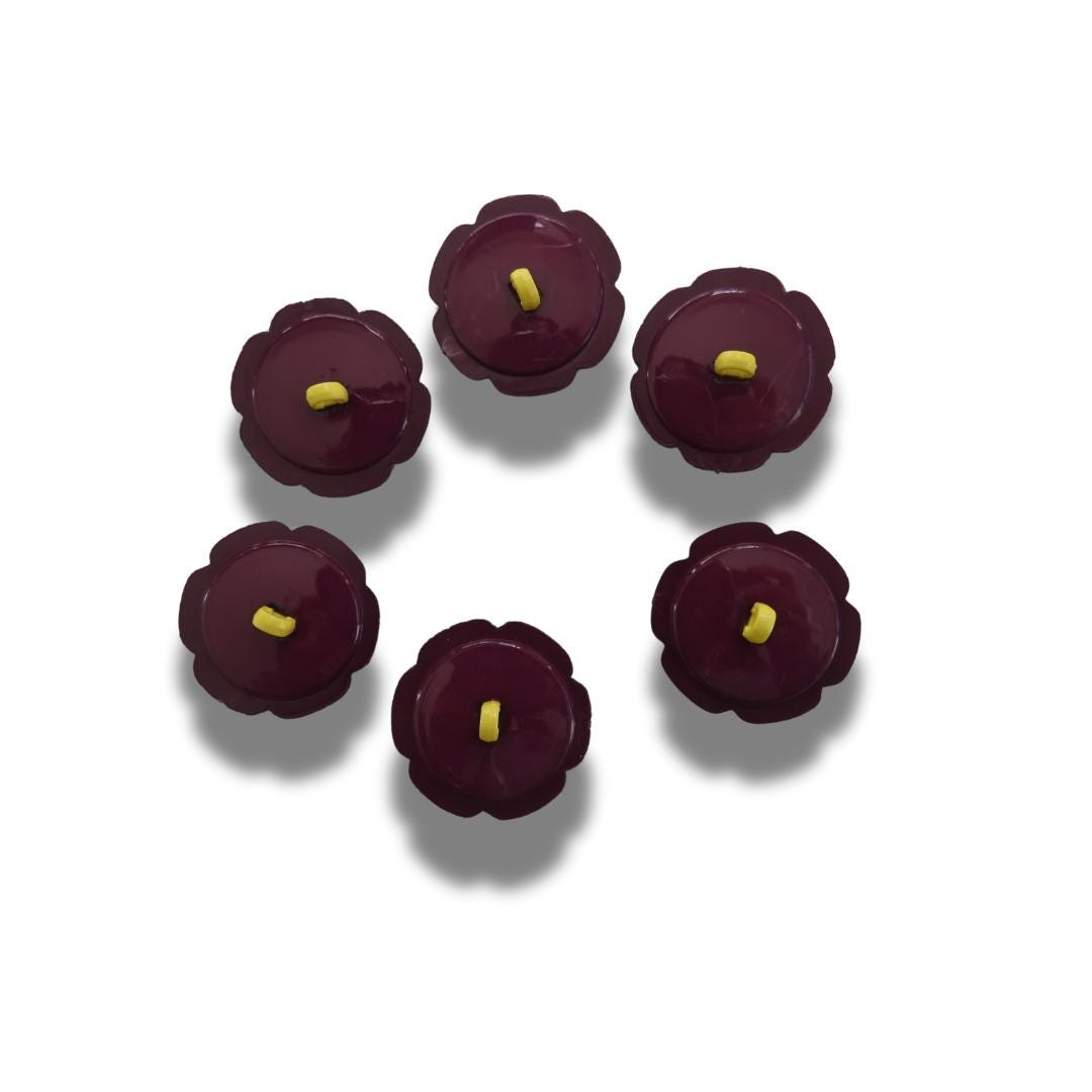 Funky 1970s-inspired flower buttons made of durable nylon. Set of 6 with burgundy petals, mustard yellow center. For sewing or crafts, 20 mm