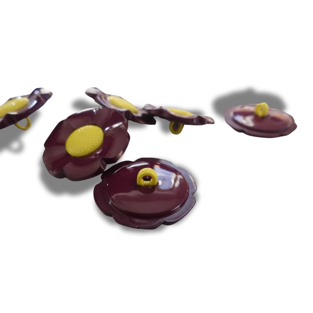 Funky 1970s-inspired flower buttons made of durable nylon. Set of 6 with burgundy petals, mustard yellow center. For sewing or crafts, 20 mm