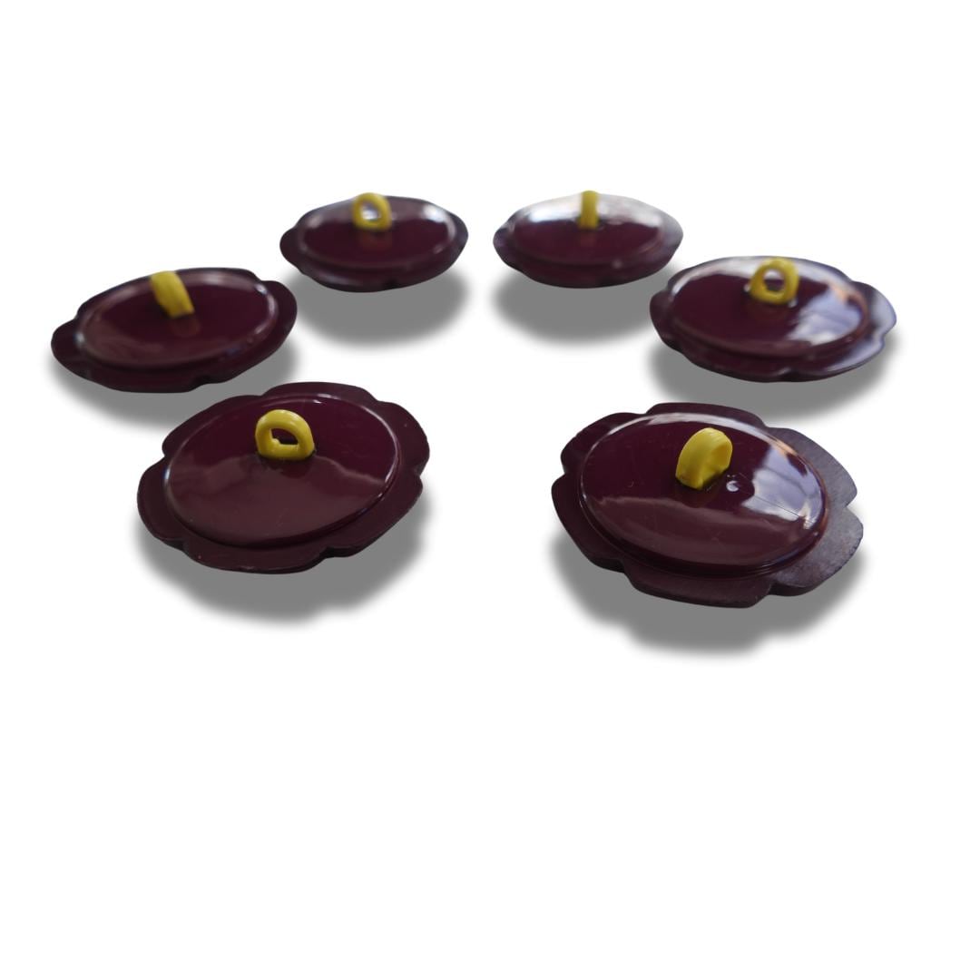 Funky 1970s-inspired flower buttons made of durable nylon. Set of 6 with burgundy petals, mustard yellow center. For sewing or crafts, 20 mm