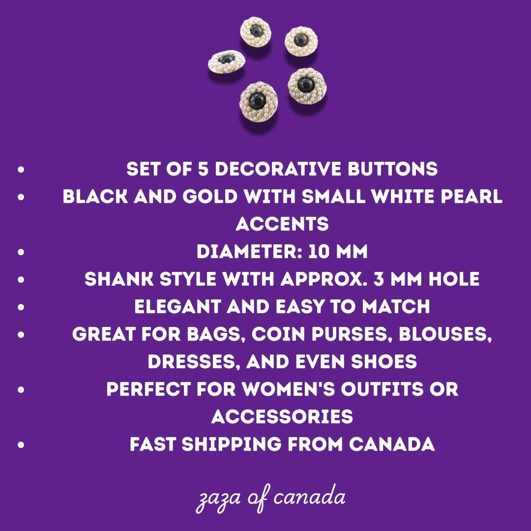Chic black and gold buttons with tiny pearls—Nice for decorating blouses, sweaters, cardigans, shoes. A fancy touch for any sewing project!