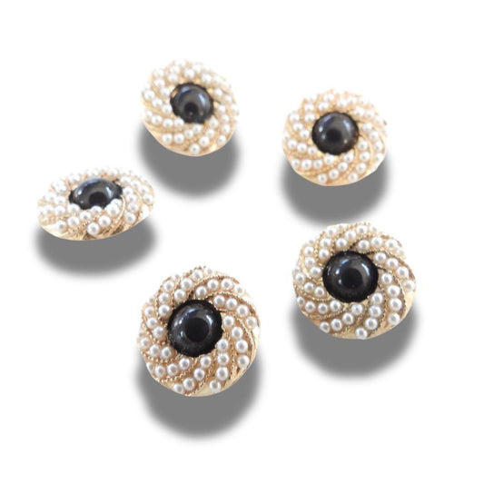 Chic black and gold buttons with tiny pearls—Nice for decorating blouses, sweaters, cardigans, shoes. A fancy touch for any sewing project!