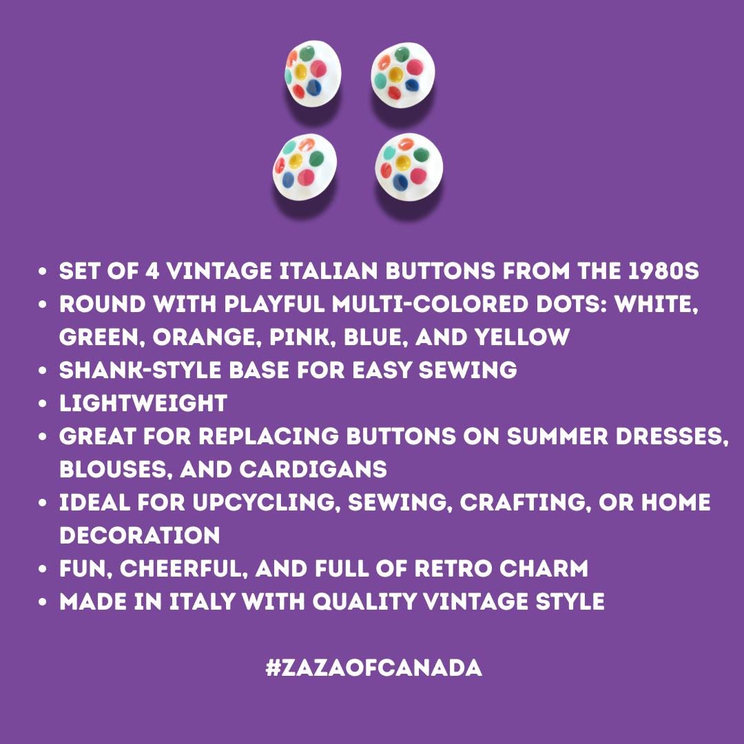 Set of 4 vintage 1980s buttons with colorful dots. Lightweight, fun, and perfect for sewing, upcycling, jewelry or decorating projects.