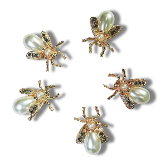 Set of 5 Pearl Bee Buttons – Gold White Insect Buttons with Shank for Sewing, DIY, Jewelry Making, Crafts, Hat Embellishments, Jackets