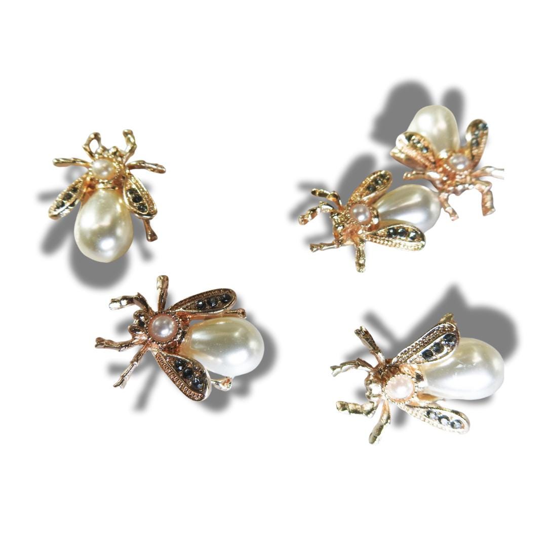 Set of 5 Pearl Bee Buttons – Gold White Insect Buttons with Shank for Sewing, DIY, Jewelry Making, Crafts, Hat Embellishments, Jackets