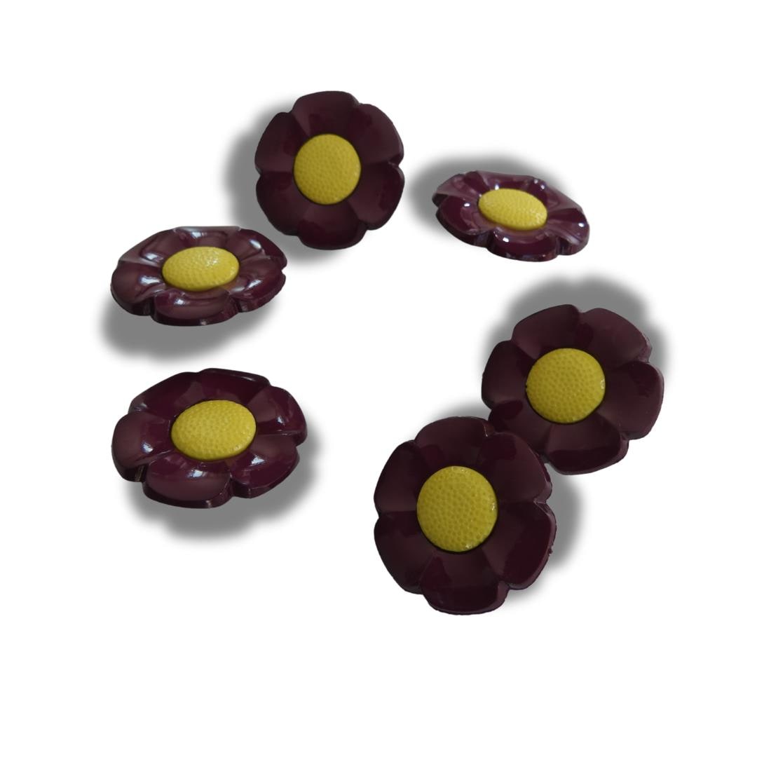 Funky 1970s-inspired flower buttons made of durable nylon. Set of 6 with burgundy petals, mustard yellow center. For sewing or crafts, 20 mm