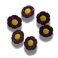 Funky 1970s-inspired flower buttons made of durable nylon. Set of 6 with burgundy petals, mustard yellow center. For sewing or crafts, 20 mm