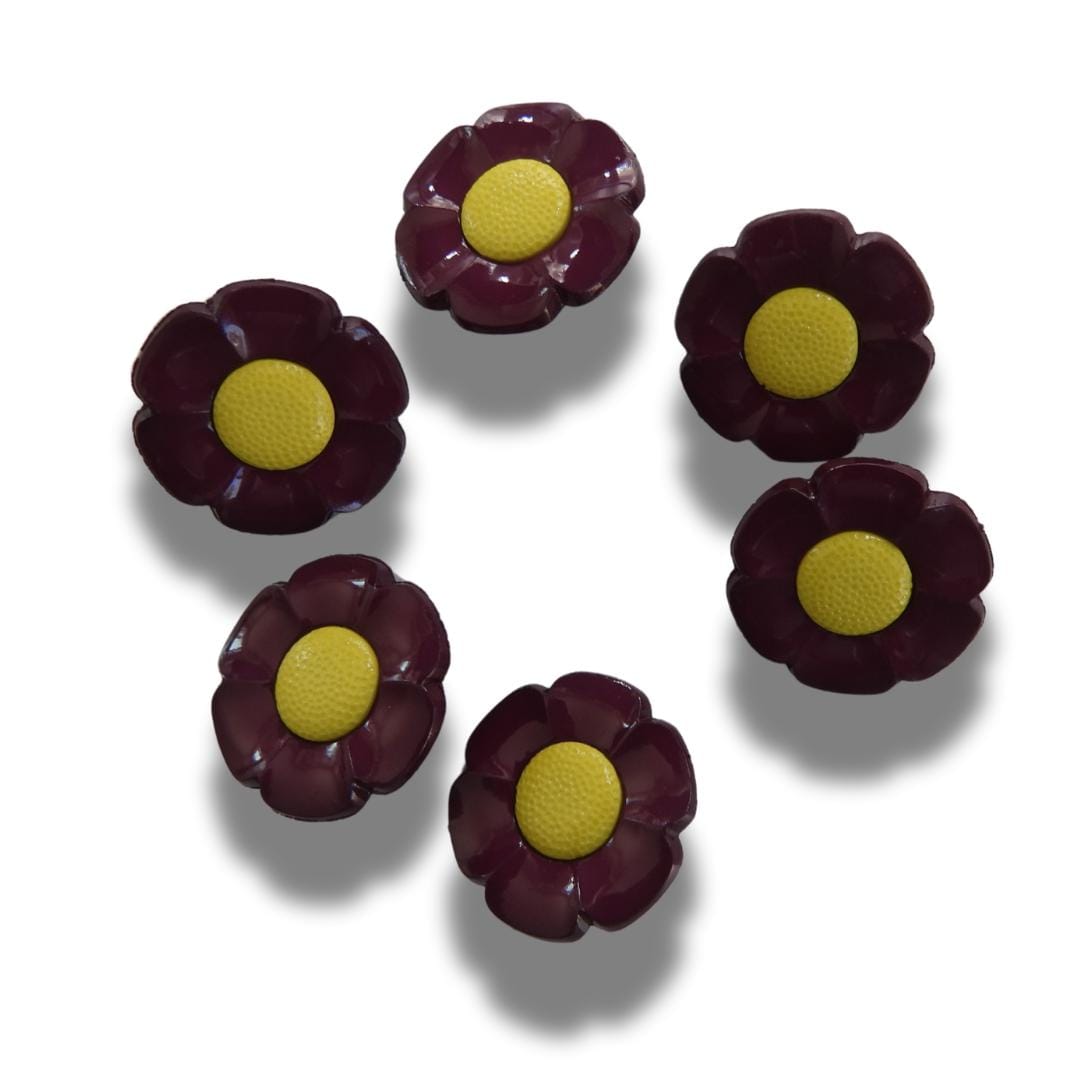Funky 1970s-inspired flower buttons made of durable nylon. Set of 6 with burgundy petals, mustard yellow center. For sewing or crafts, 20 mm
