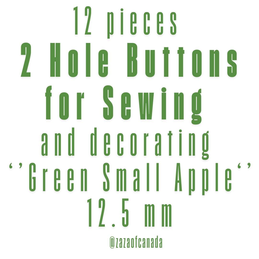 Set of 12 green apple-shaped buttons for sewing and crafting. 2-hole design, perfect for fun DIY projects, clothing, and accessories.