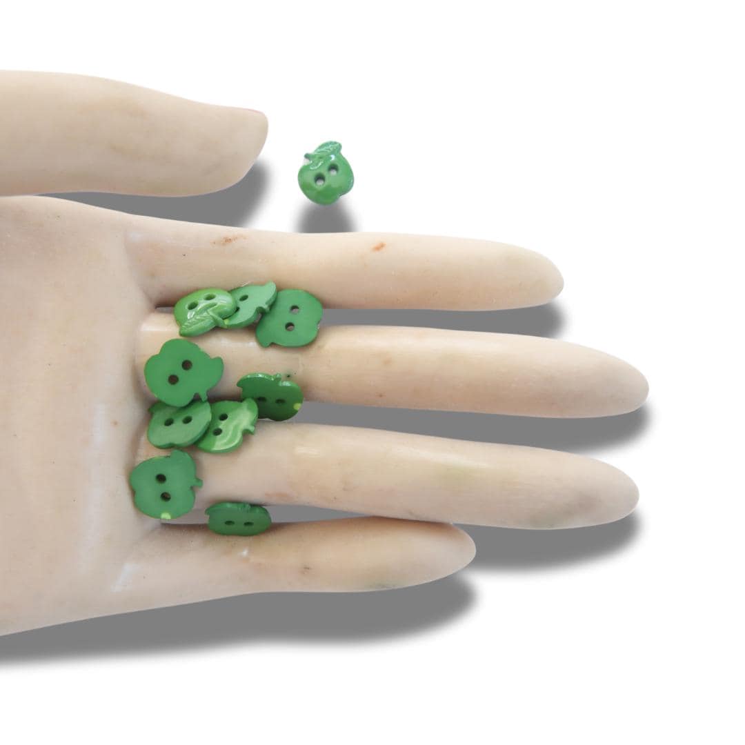Set of 12 green apple-shaped buttons for sewing and crafting. 2-hole design, perfect for fun DIY projects, clothing, and accessories.