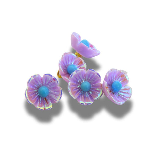 Tiny Flower Shaped Buttons with Pink Purple Petals and Czech Glass, Metal Shank, Set of 5, 10 mm – For Jewelry Making or Fashion Accessories