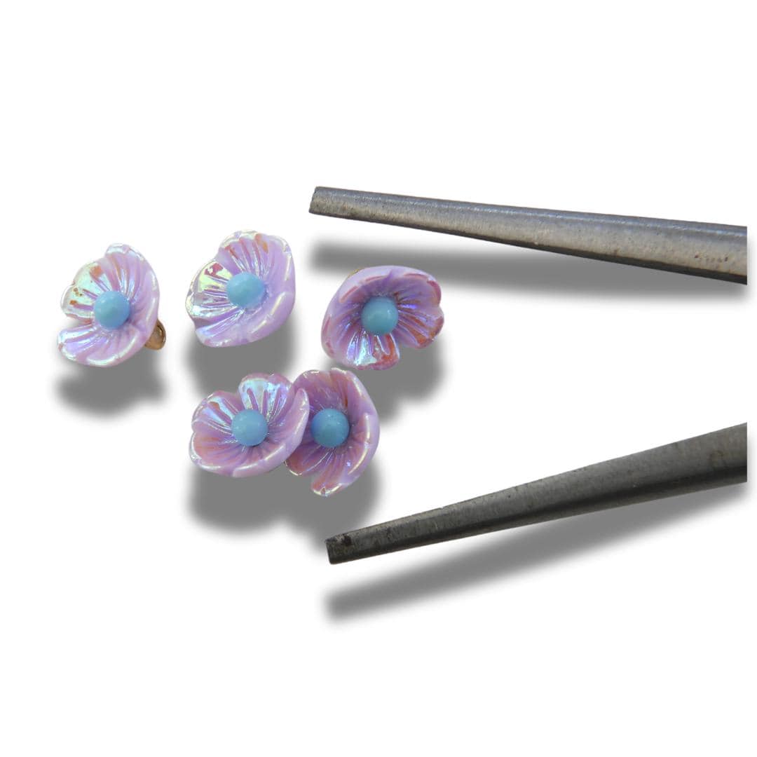 Tiny Flower Shaped Buttons with Pink Purple Petals and Czech Glass, Metal Shank, Set of 5, 10 mm – For Jewelry Making or Fashion Accessories