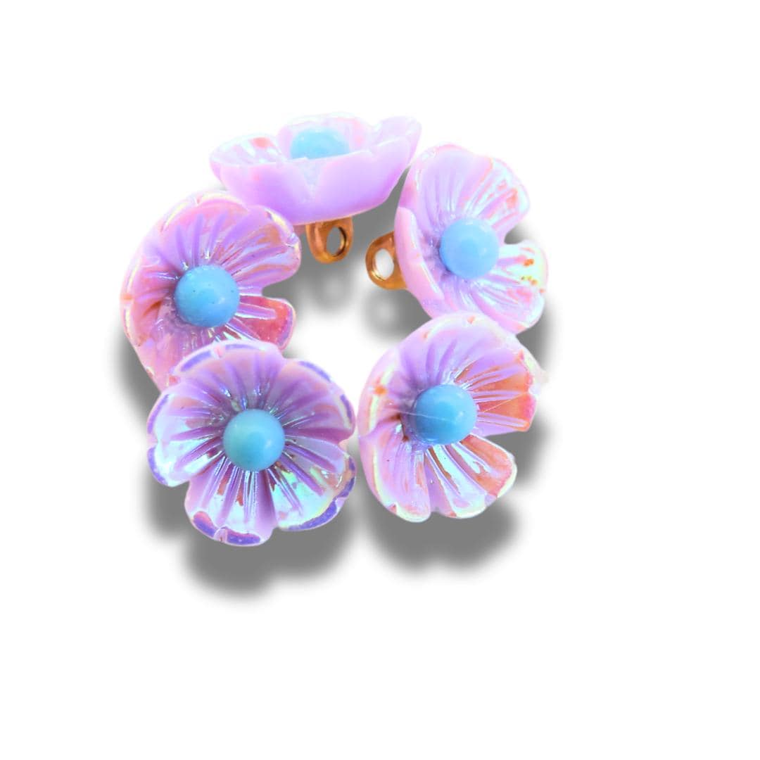 Tiny Flower Shaped Buttons with Pink Purple Petals and Czech Glass, Metal Shank, Set of 5, 10 mm – For Jewelry Making or Fashion Accessories