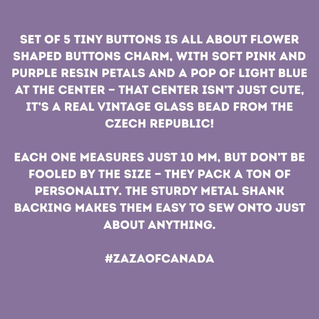 Tiny Flower Shaped Buttons with Pink Purple Petals and Czech Glass, Metal Shank, Set of 5, 10 mm – For Jewelry Making or Fashion Accessories