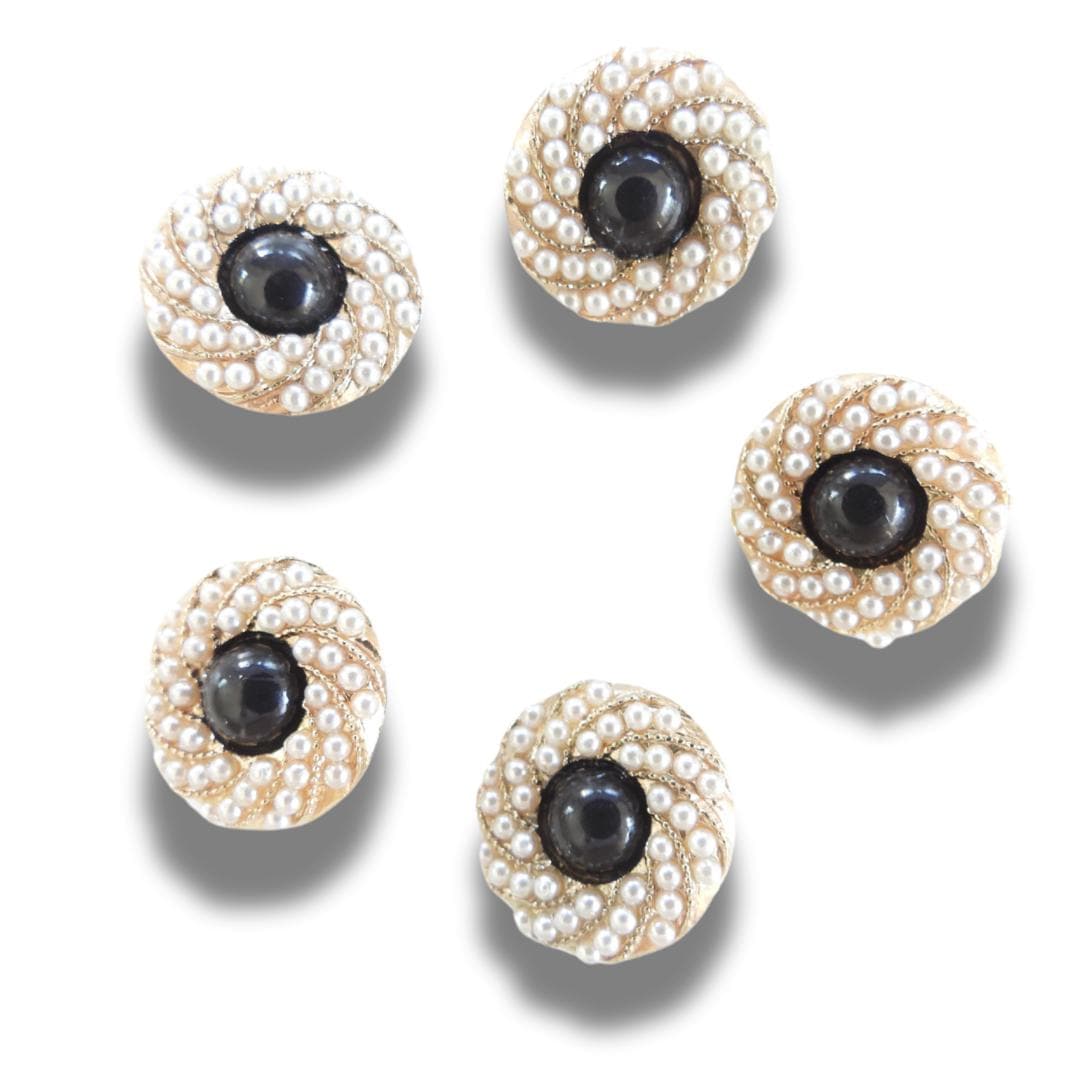 Chic black and gold buttons with tiny pearls—Nice for decorating blouses, sweaters, cardigans, shoes. A fancy touch for any sewing project!