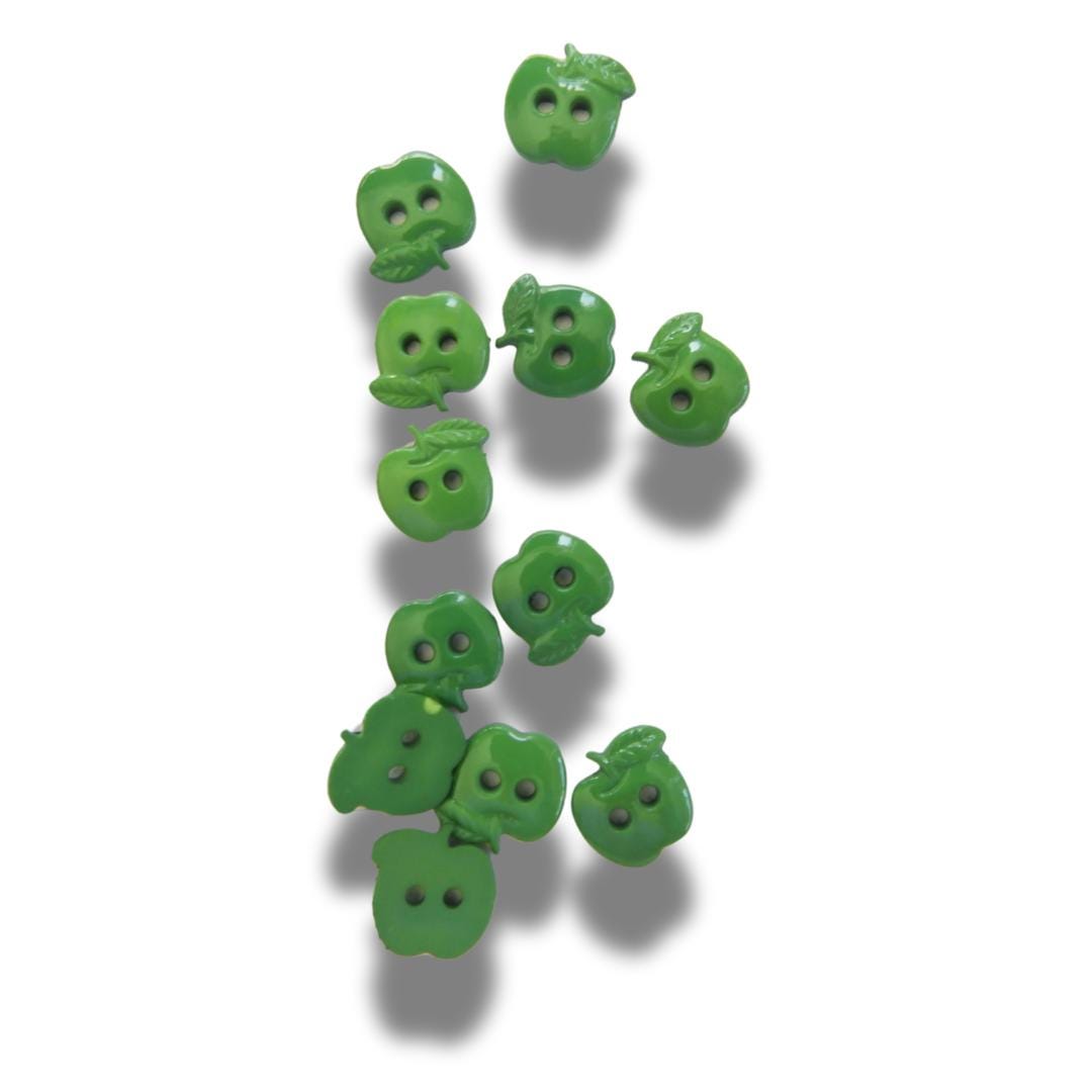 Set of 12 green apple-shaped buttons for sewing and crafting. 2-hole design, perfect for fun DIY projects, clothing, and accessories.
