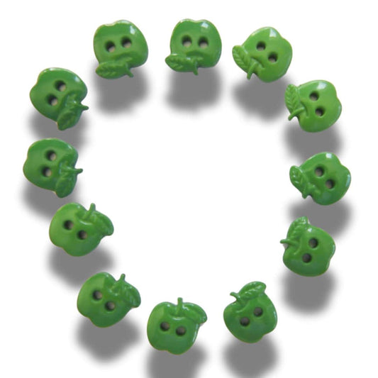 Set of 12 green apple-shaped buttons for sewing and crafting. 2-hole design, perfect for fun DIY projects, clothing, and accessories.