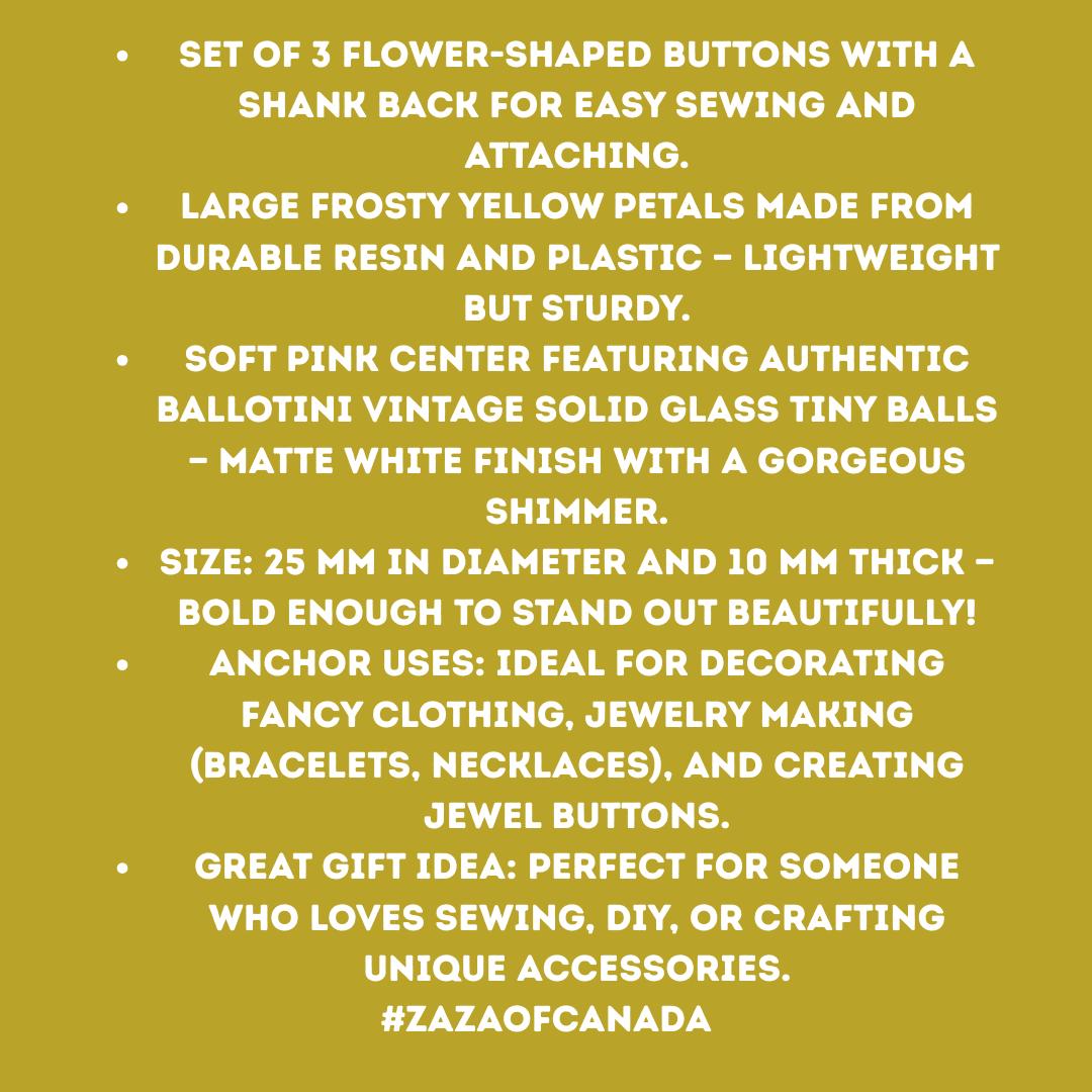 Flower Shaped Buttons – Set of 3, with a shank back - Perfect for Clothing, Jewelry Making and More - Gifts for someone who likes sewing