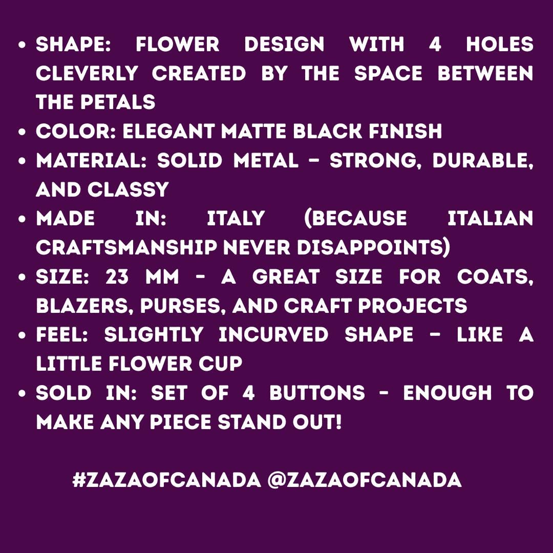 Metal flower-shaped buttons! Matte black, solid metal, made in Italy – perfect for jackets, coats, bags, and stylish DIY projects