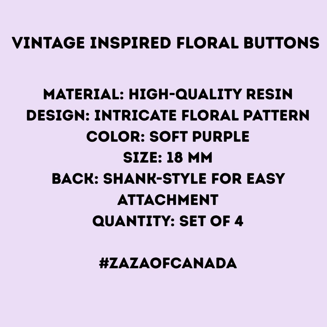 Set of 4 Vintage Inspired Purple Floral Buttons – 18mm Resin Shank Buttons for Decorating, Sewing, Embellishing Jewelry or Clothes