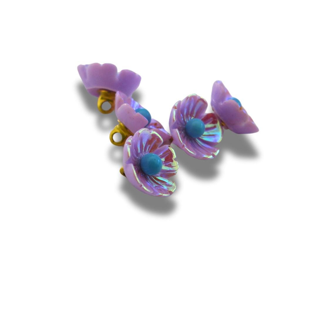 Tiny Flower Shaped Buttons with Pink Purple Petals and Czech Glass, Metal Shank, Set of 5, 10 mm – For Jewelry Making or Fashion Accessories