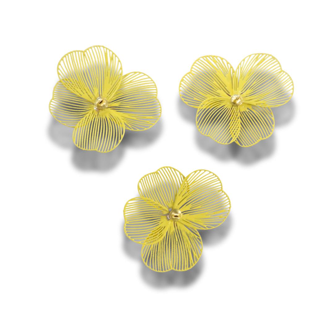 Lightweight flower buttons with large yellow metal petals. For crafts, decor, hats, tutus, and accessories. Handmade, set of 3, 38 mm