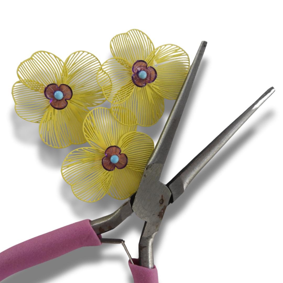 Lightweight flower buttons with large yellow metal petals. For crafts, decor, hats, tutus, and accessories. Handmade, set of 3, 38 mm