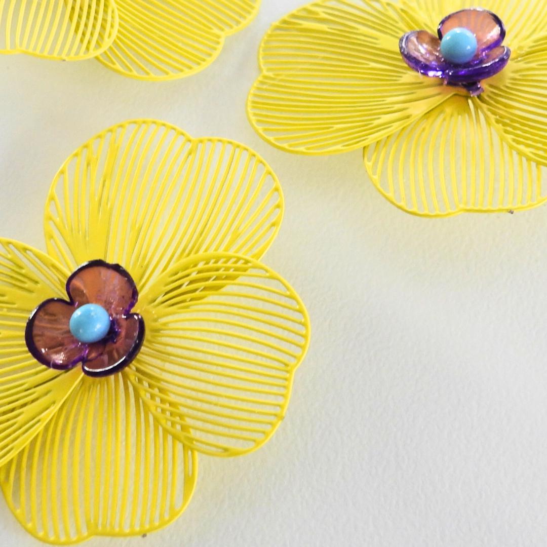 Lightweight flower buttons with large yellow metal petals. For crafts, decor, hats, tutus, and accessories. Handmade, set of 3, 38 mm