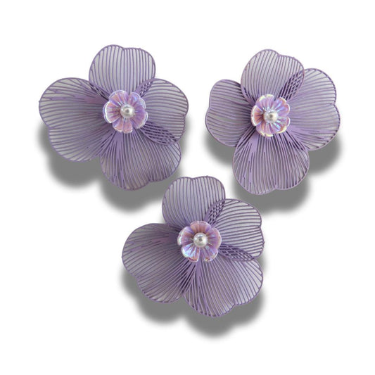 Set of 3 handmade flower buttons with purple petals and pearl centers. Lightweight and perfect for crafts, accessories, and summer decor.