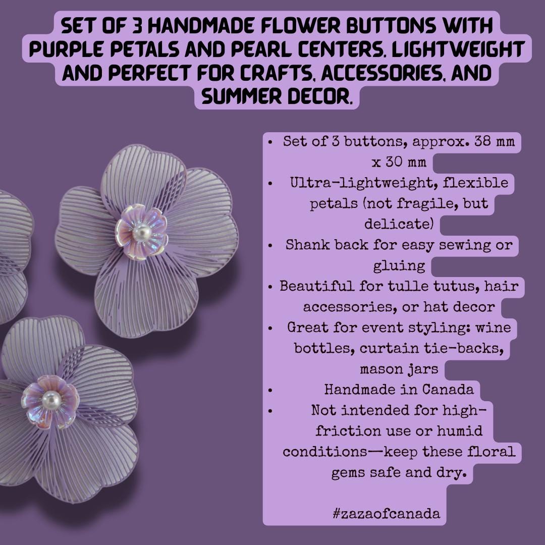 Set of 3 handmade flower buttons with purple petals and pearl centers. Lightweight and perfect for crafts, accessories, and summer decor.