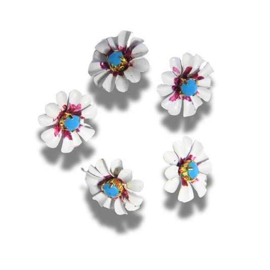 Daisy flower-shaped buttons! Hand-painted with a cute blue rhinestone center. For crafting, sewing, fashion, wedding decor. Set of 5, 13 mm