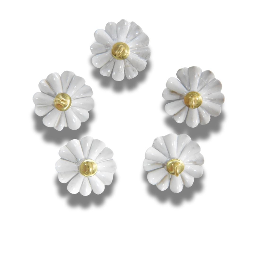 Daisy flower-shaped buttons! Hand-painted with a cute blue rhinestone center. For crafting, sewing, fashion, wedding decor. Set of 5, 13 mm