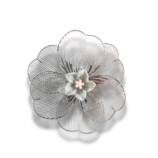 Oversized 40 mm flower button with silver petals, grey and pink floral center, shank back. Lightweight and perfect for sewing or crafts