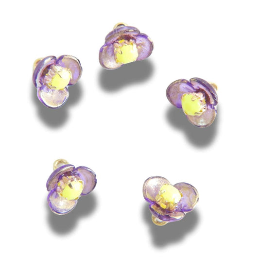 Tiny purple and gold jeweled buttons with yellow rhinestone centers—8 mm, handmade in Canada. Ideal for jewelry, sewing, and DIY crafts.