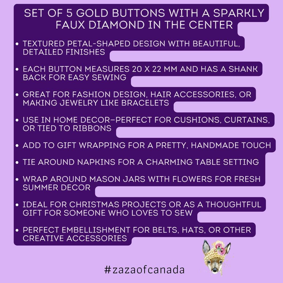 Set of 5 Shiny Gold Buttons with Faux Diamond Center – 20 x 22 mm - Great for, sewing, fashion design, hair accessories, or making jewelry