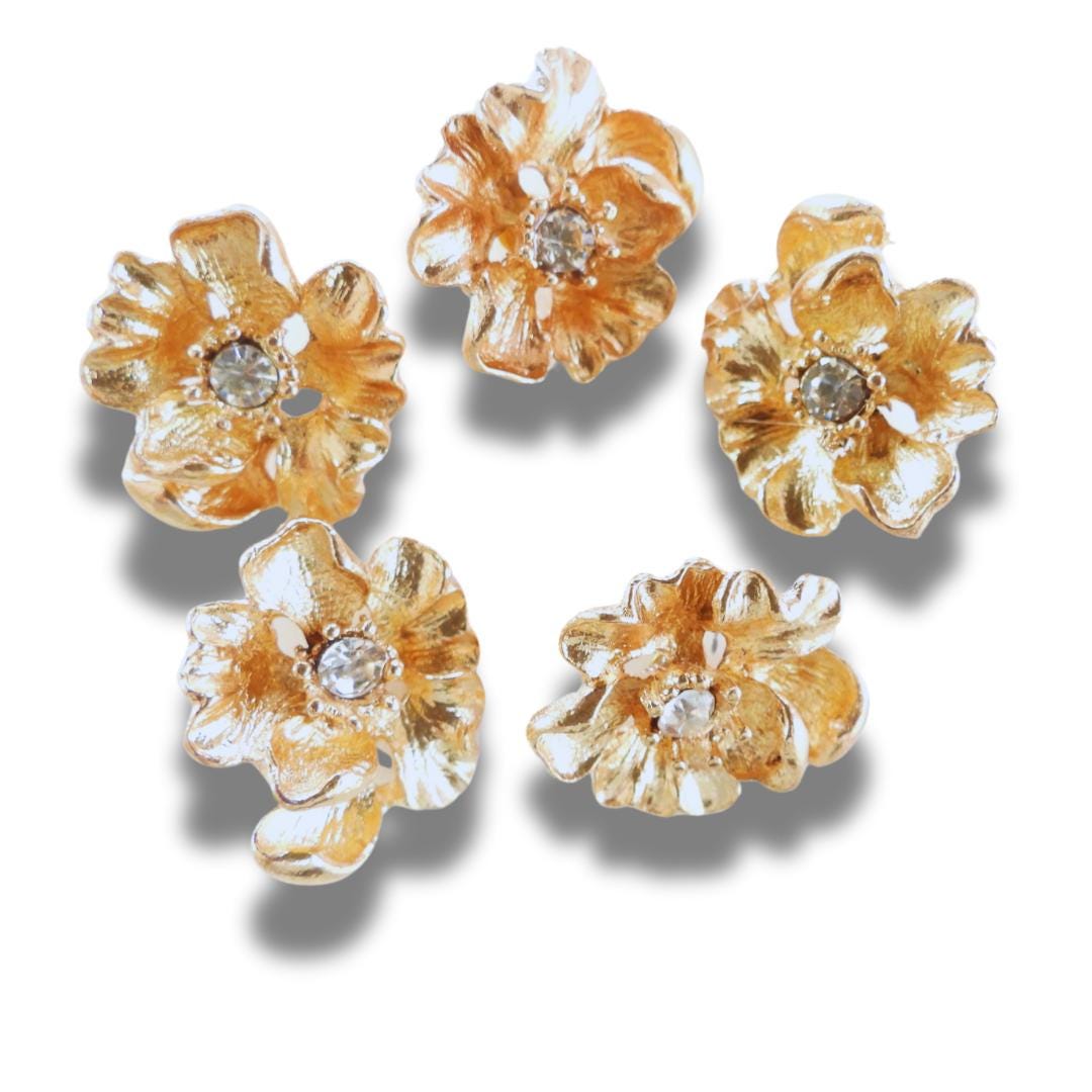 Set of 5 Shiny Gold Buttons with Faux Diamond Center – 20 x 22 mm - Great for, sewing, fashion design, hair accessories, or making jewelry