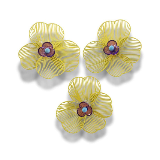 Lightweight flower buttons with large yellow metal petals. For crafts, decor, hats, tutus, and accessories. Handmade, set of 3, 38 mm