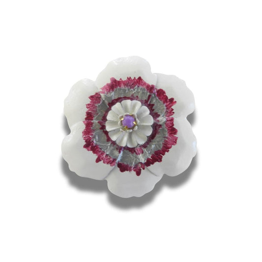 Handmade oversized white flower button with matte rhinestone center. 45 mm, lightweight, perfect for hats, belts, crafts & floral décor.