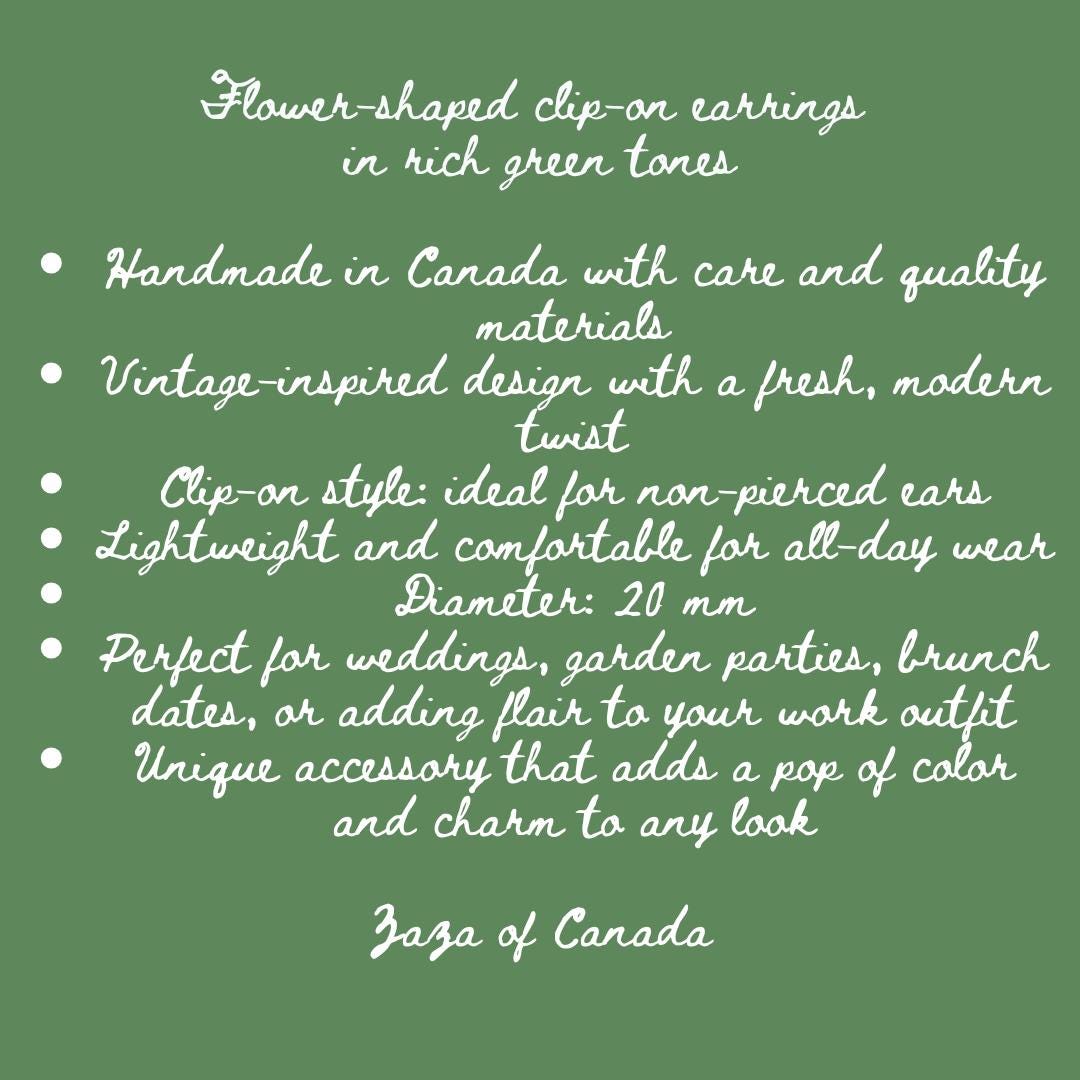 Vintage-inspired green flower clip-on earrings, handmade in Canada—perfect for weddings, parties, brunches & stylish everyday wear.