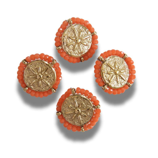 Set of 4 gold-toned 18mm fancy buttons for decorating. Roman medallion-inspired design, rosette motif, surrounded by orange glass seed beads